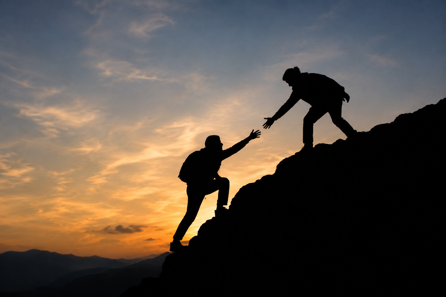 Two hikers helping each other up a mountain ridge at sunset, silhouetted against an orange sky