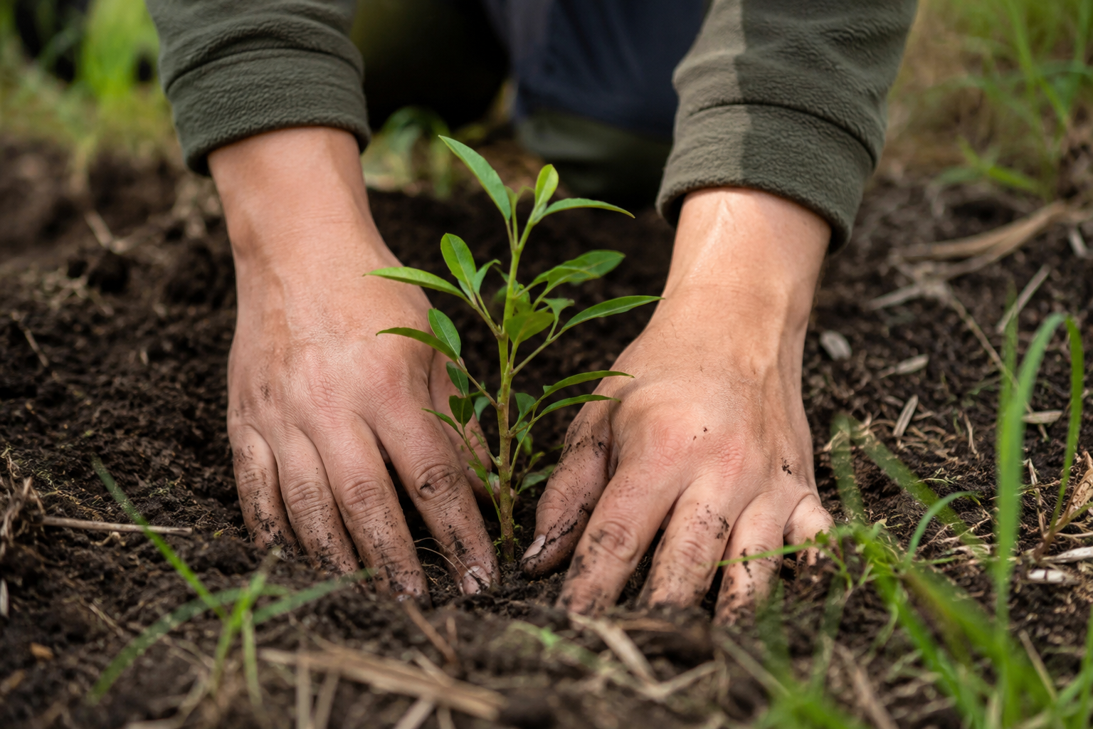 Two hands gently planting a young seedling in dark soil